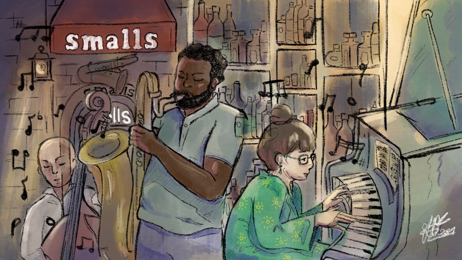 Illustration of the exterior of Smalls Jazz Club, the wall behind the bar, and three musicians playing various instruments.