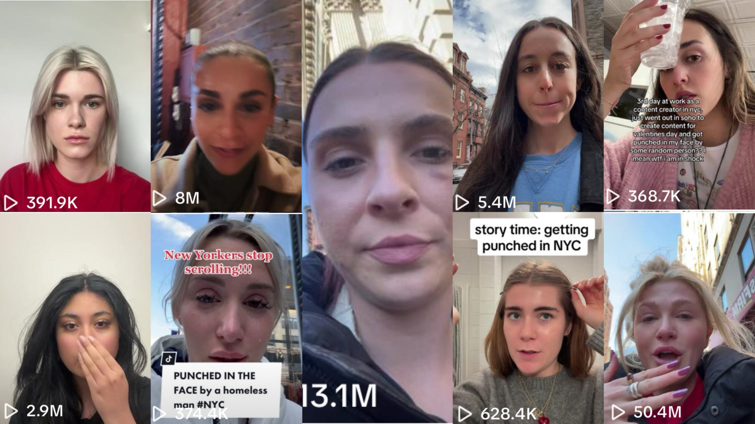 a collage showing video posts of multiple women who posted about their assault moments after it occurred