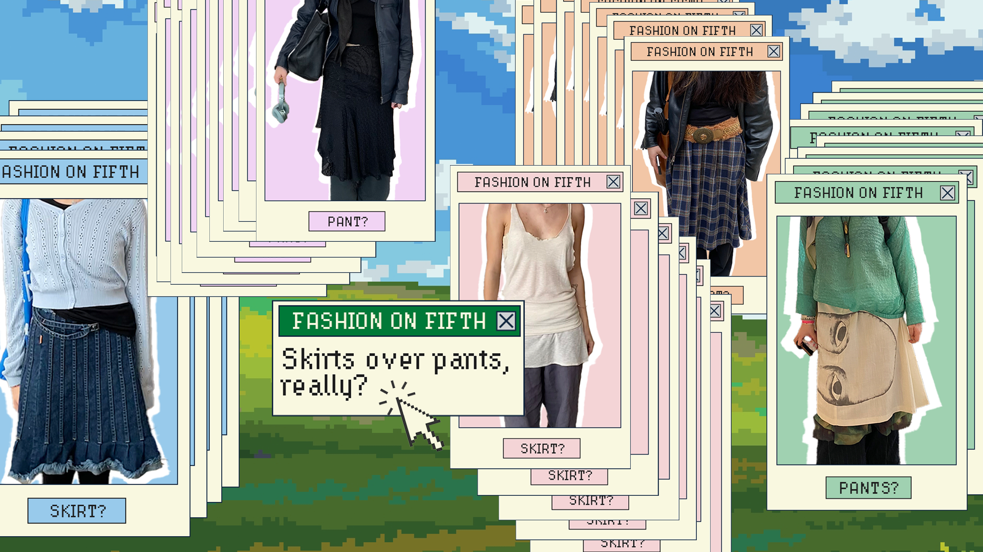 An image with 5 outfits in different internet style tabs over a background of a field with a blue sky.