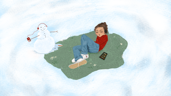 Illustration of a girl laying in a patch of green grass surrounded by snow while listening to music with headphones connected to a phone beside her. A snowman is pictured also wearing headphones connected to an iPod, the snowman is melting into a puddle with a carrot and piece of coal by its side.