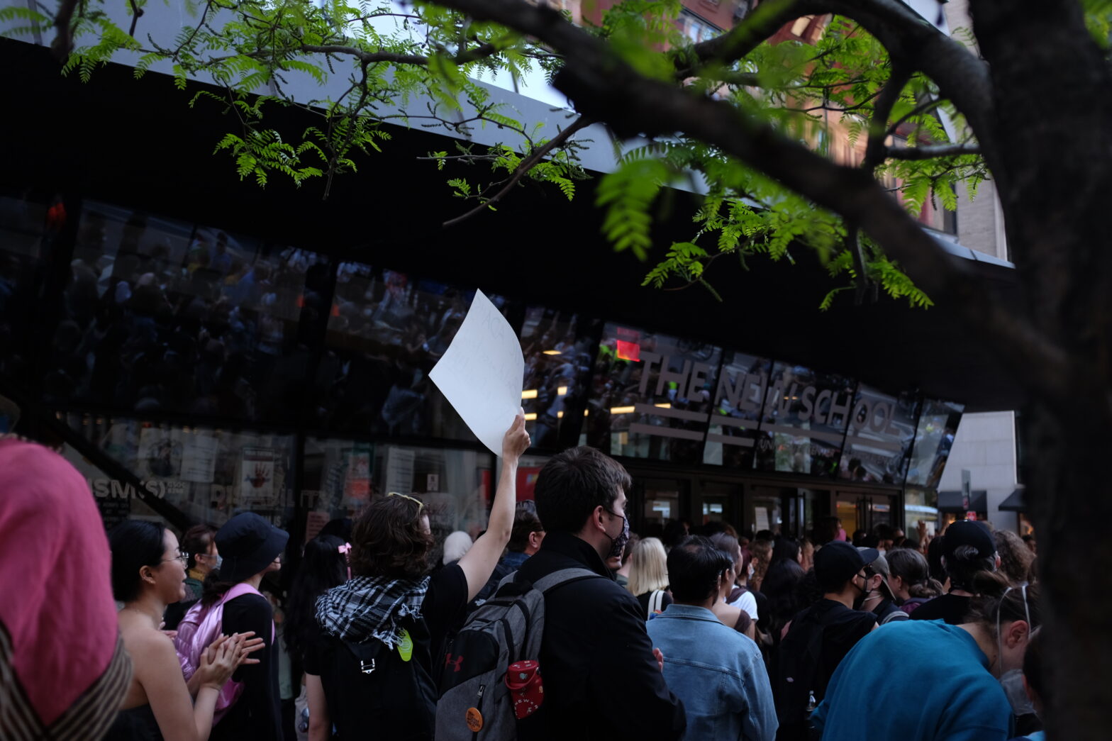 Demonstrators in front of the New School University Center