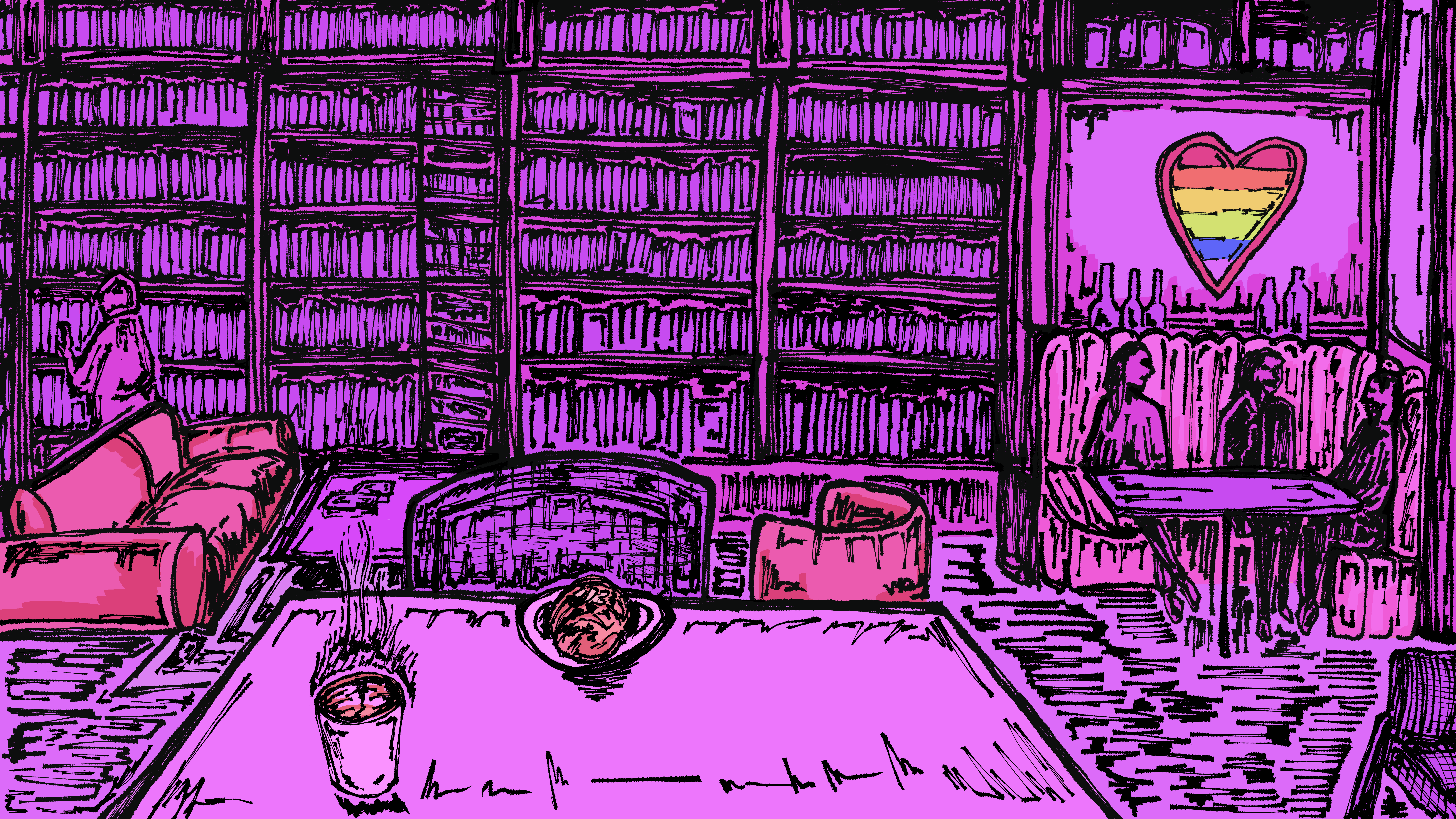 Purple washed illustration of Bibliotheque, a cafe-bar-bookstore, with couches, bookshelves, and a coffee and croissant on a table.