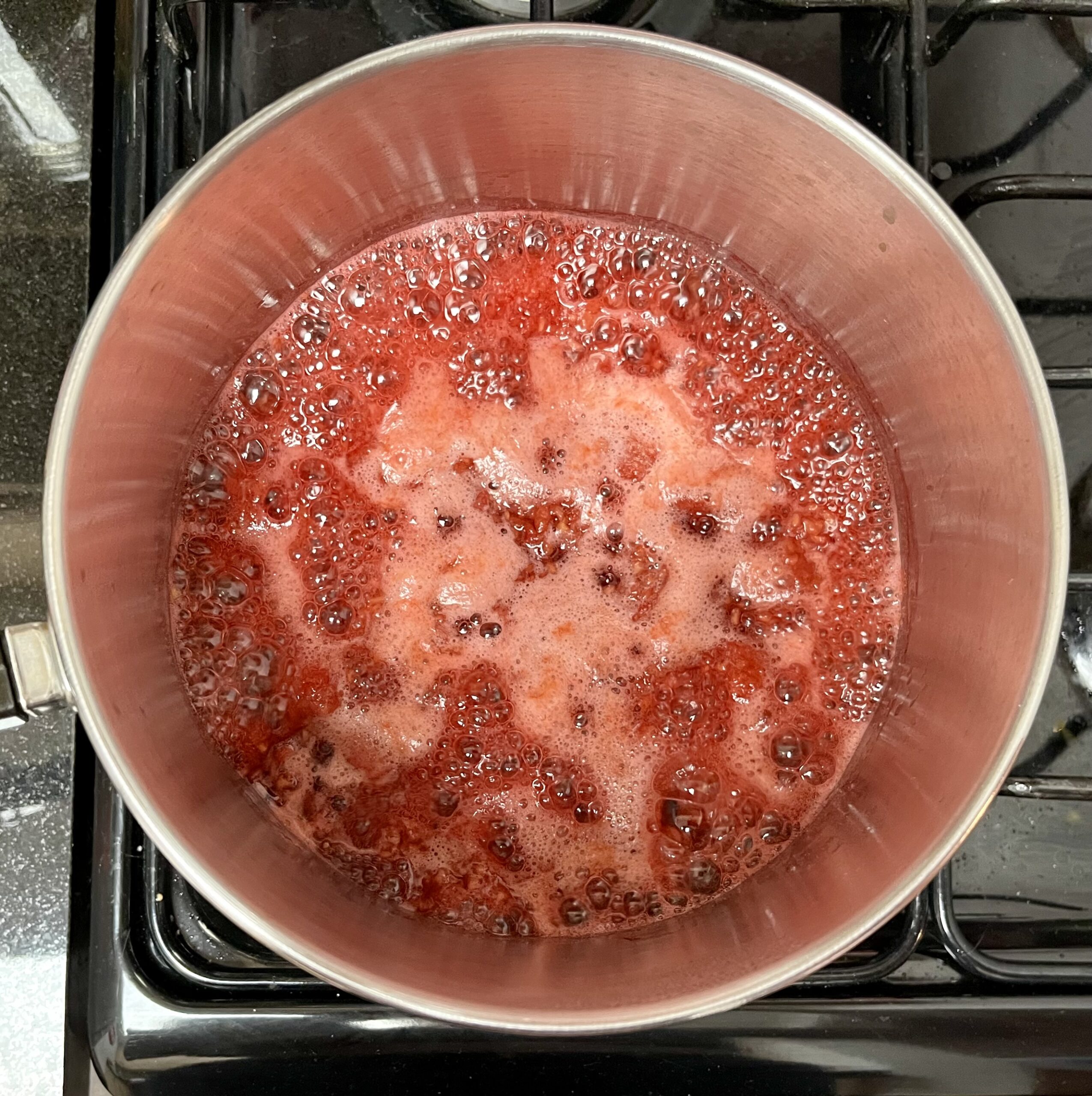 A metal pot sits on a stove filled with bubbling red liquid.