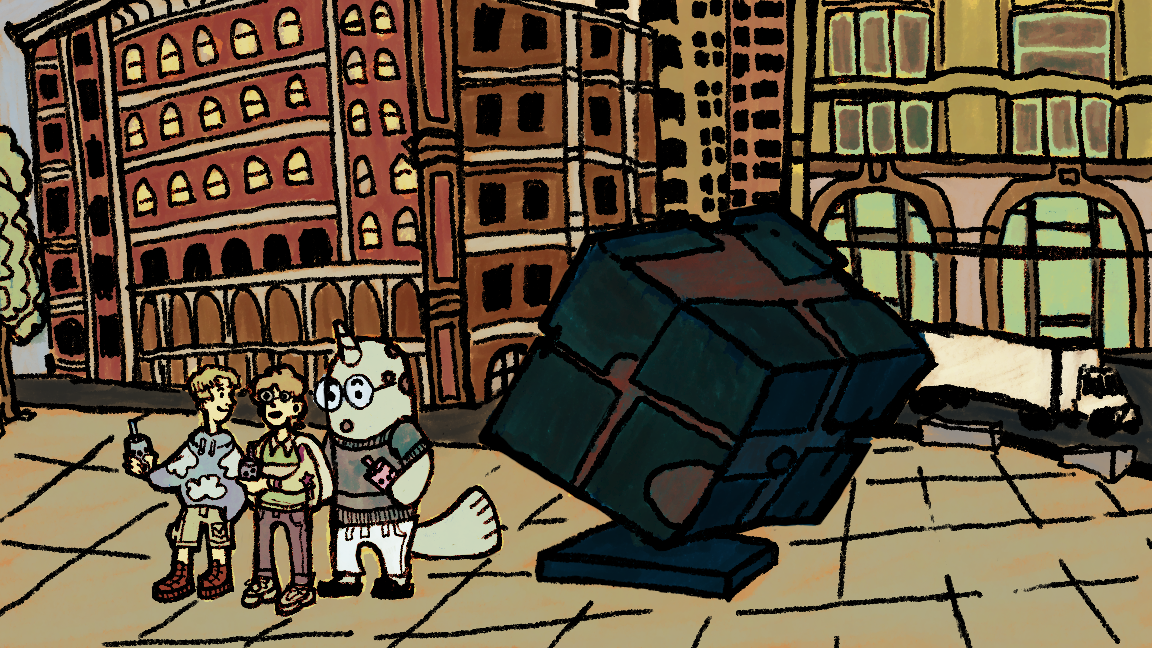 Illustration of students and Gnarls in Astor Place