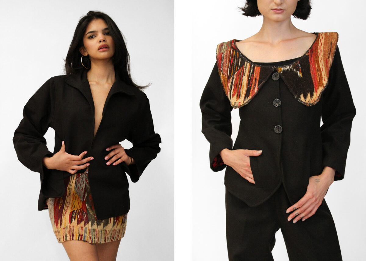 Left photo shows a person wearing a black jacket with a colorful patterned skirt, posing confidently. Right photo shows a person wearing a black buttoned jacket with a colorful patterned collar.
