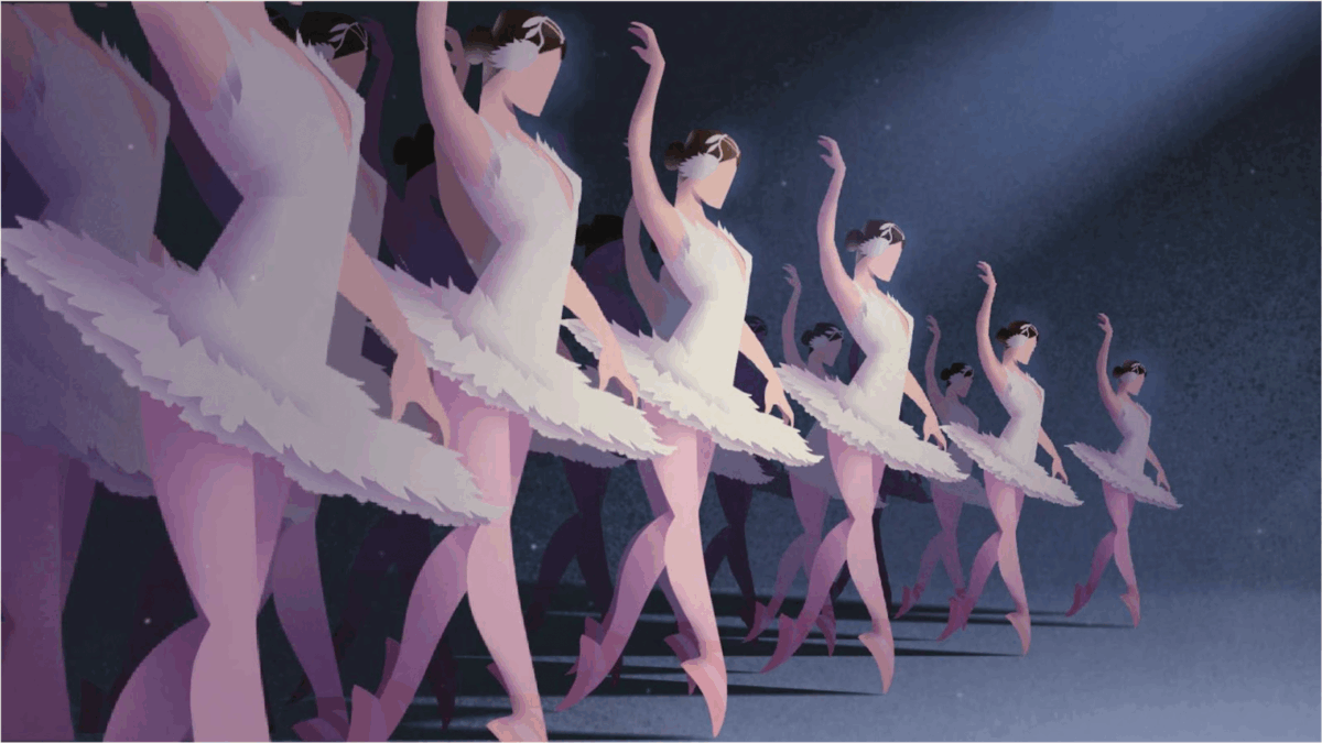 On stage dancers wear white tutus and swan like headpieces, the spotlight catching on the tulle as they stand on pointe, their right arm raised powerfully above their heads with delicate fingers, the left hovering just above their side. Flesh colored tights encapsulate the dancers long, lean legs, their lines continued seamlessly by the pinkness of their pointe shoes.