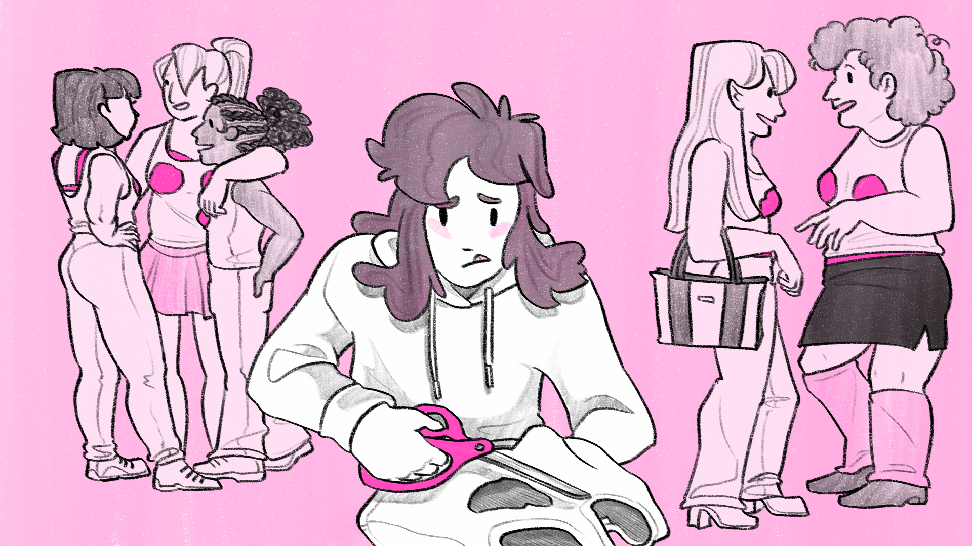 Pink illustration depicting two groups of girls in the background chatting and wearing tank tops with cutouts around their breast area. In the foreground is a girl holding a top and making cutouts.