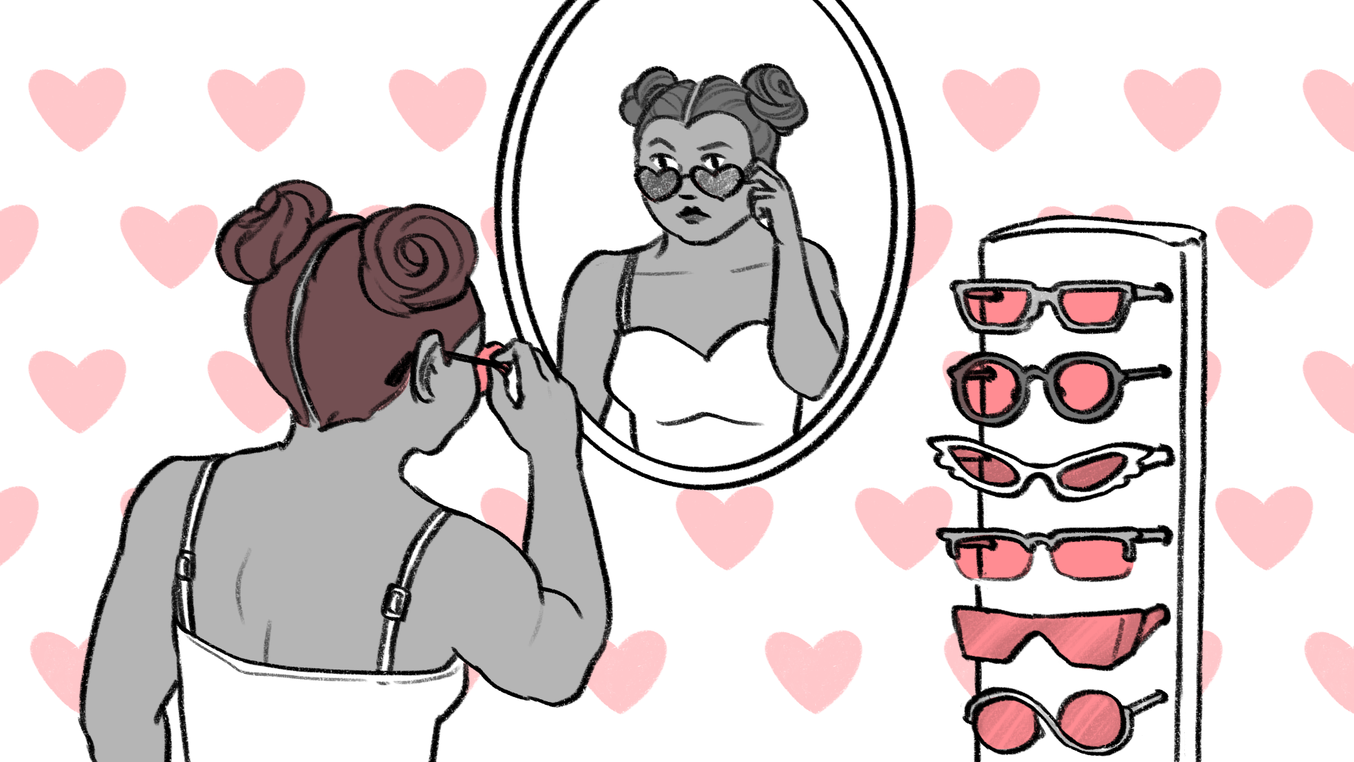 An illustration of a girl looking into a mirror, trying on different rose-colored glasses, pink hearts in the background.