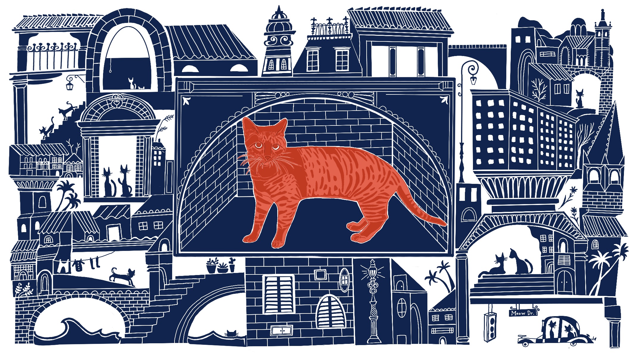 An illustration of a large red cat standing under an arch in a stacked blue town. There are small cats hidden on other streets around him and in the water below him.
