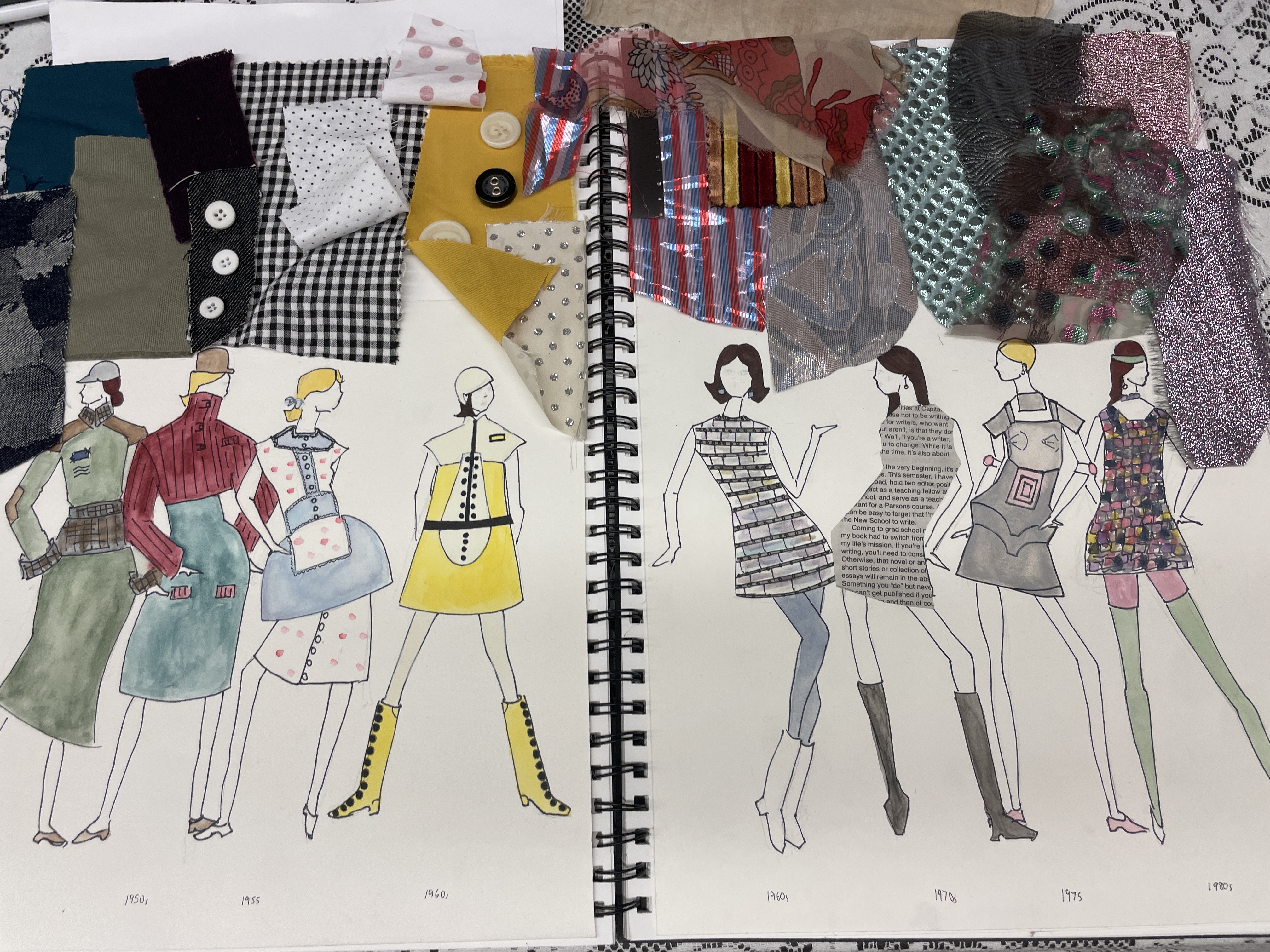 Sketchbook spread of colorful outfit drawings with layers of fabric swatches glued on top of page