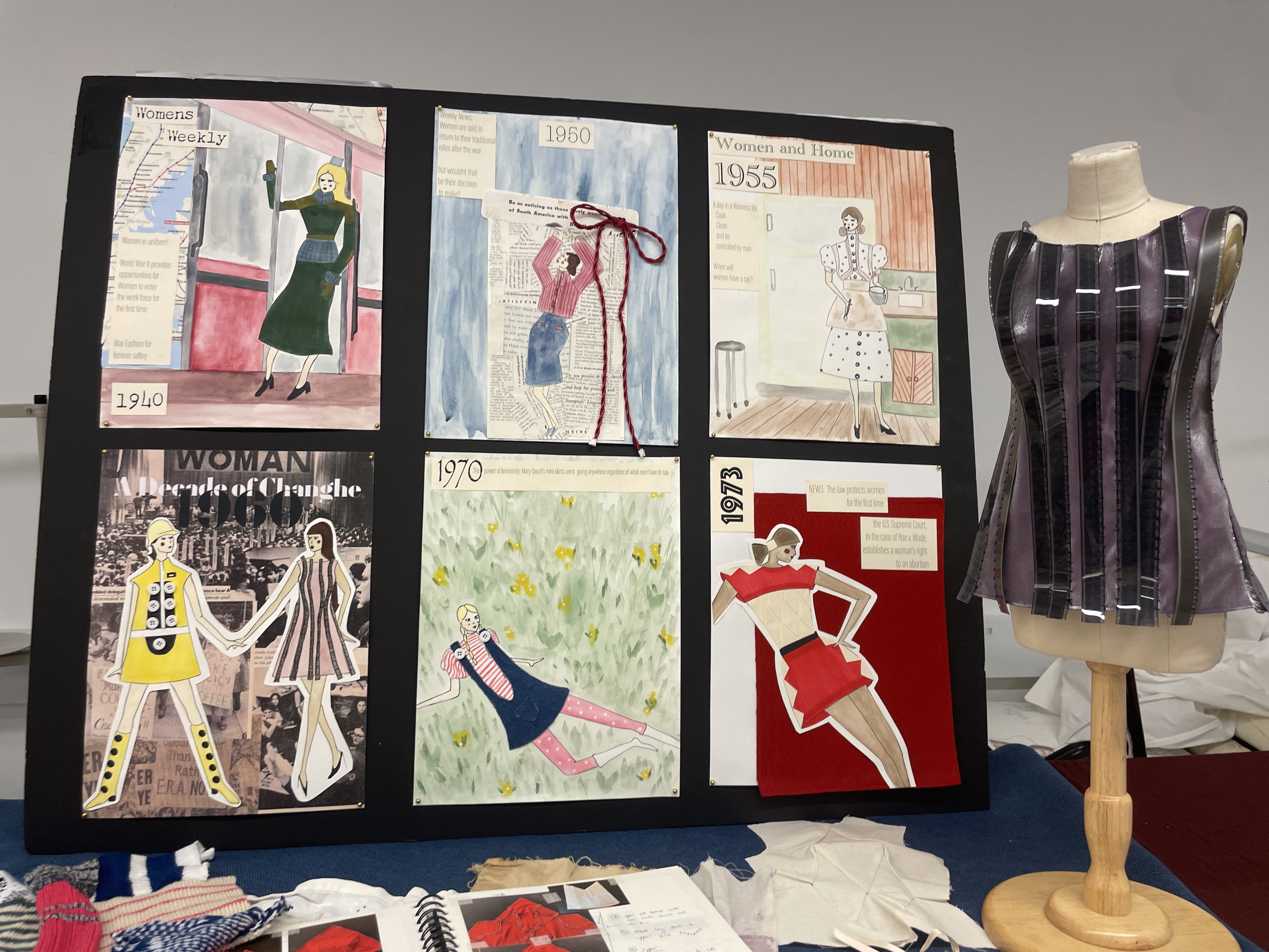 On the left, six colorful images of women separated by year. To the right, lined fabric displayed on a dress form. 