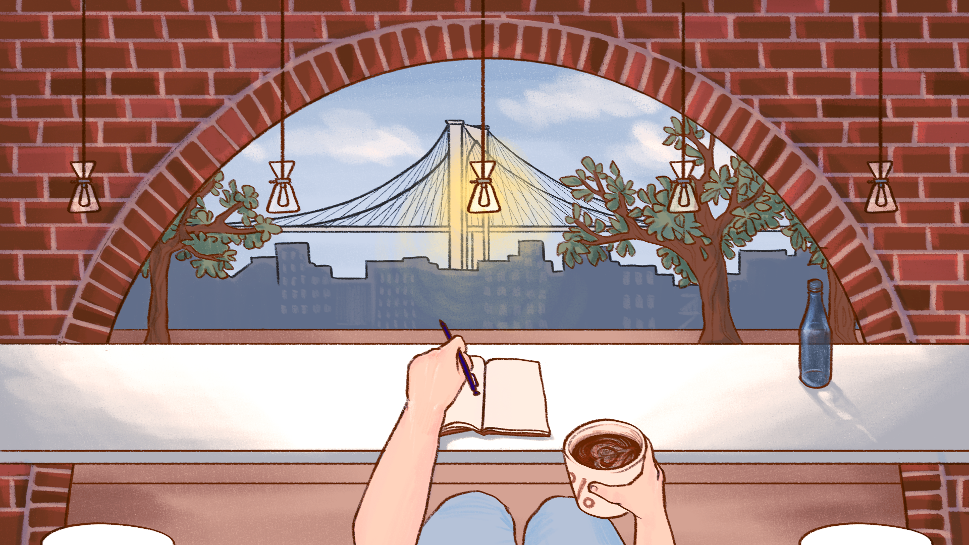 Illustration of % Arabica Dumbo Roastery interior. Red brick wall with rounded window in the center, showcasing a view of the Brooklyn Bridge. In front of the window is a long white table where a person sits with a coffee in their right hand and a pencil above a notebook in their left hand.