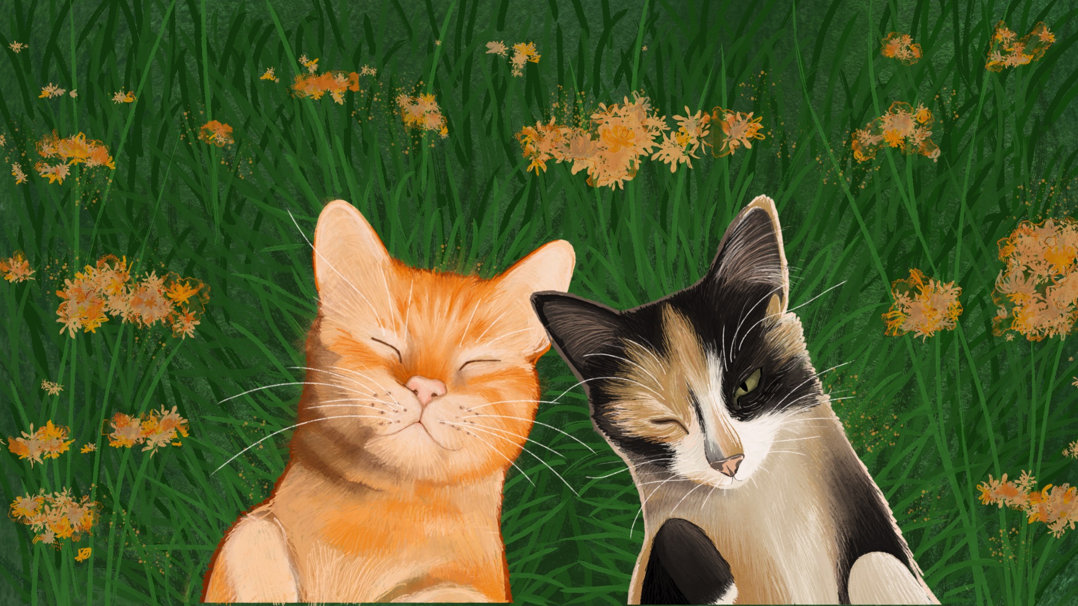 An illustration of an orange cat and a calico cat laying next to one another in a grass lawn with orange flowers.