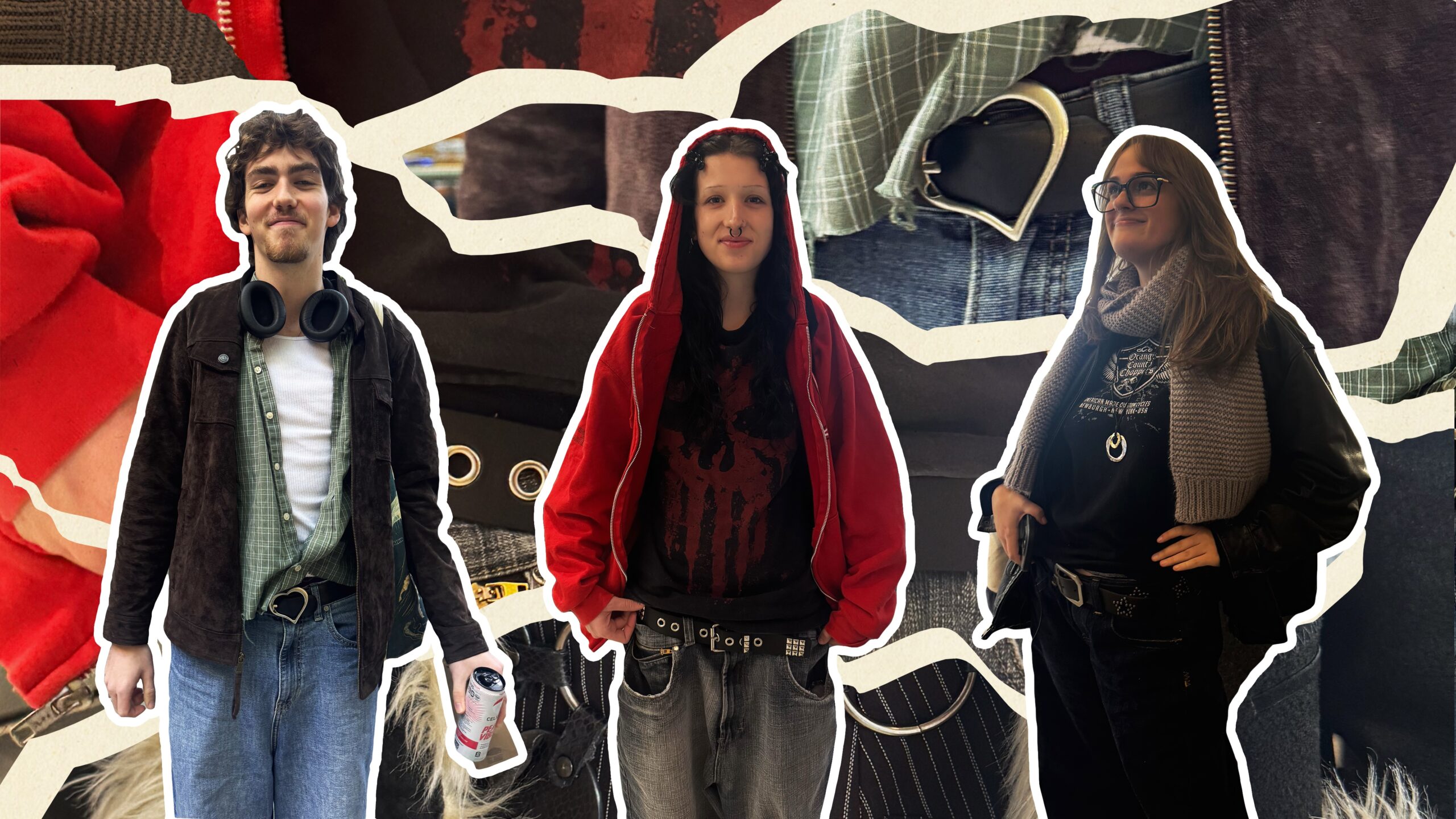Three people in grunge-inspired outfits pose against a collage of denim and clothing textures. One wears a plaid shirt and headphones, another a red hoodie and black tee, and the third a scarf, leather jacket, and glasses.