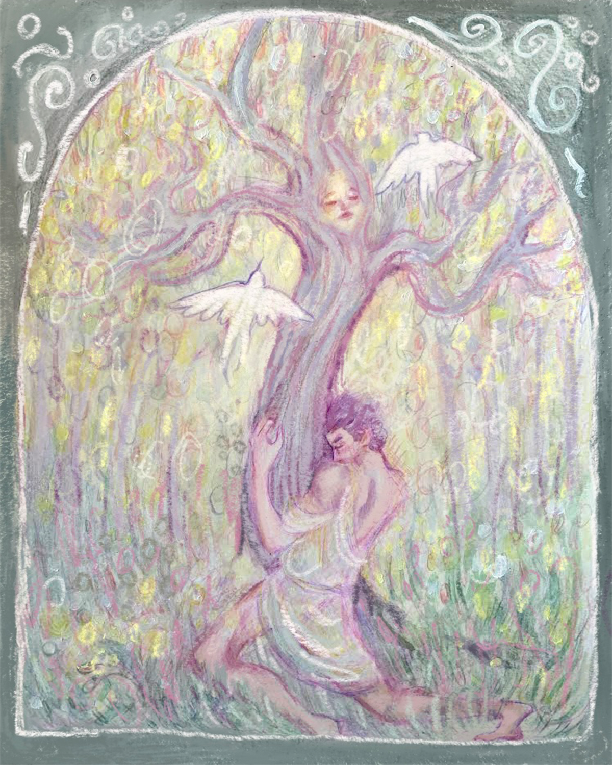 Illustration shows a figure holding a tree with a face.