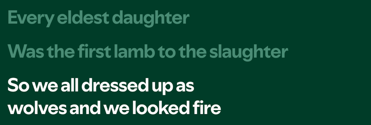 Every eldest daughter
Was the first lamb to the slaughter
So we all dressed up as
wolves and we looked fire