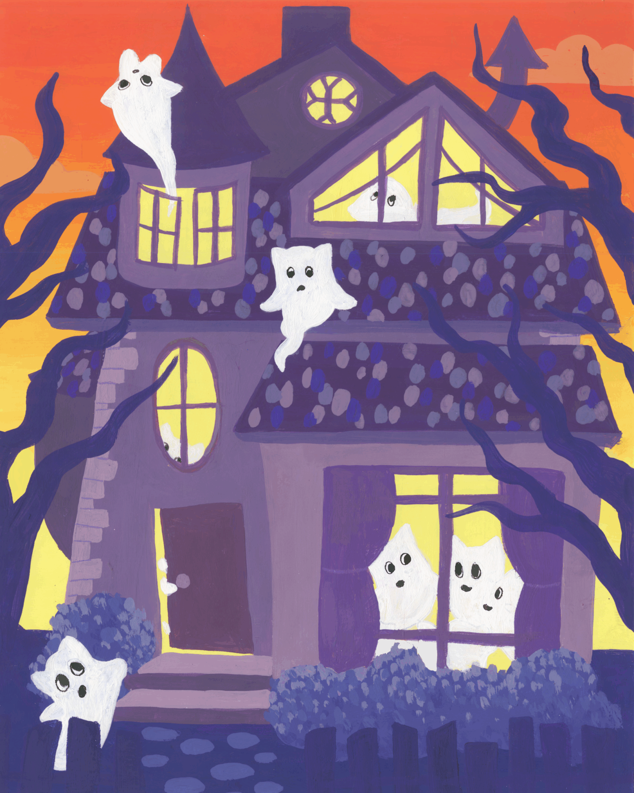 Illustration of cat-shaped ghosts haunting a house.