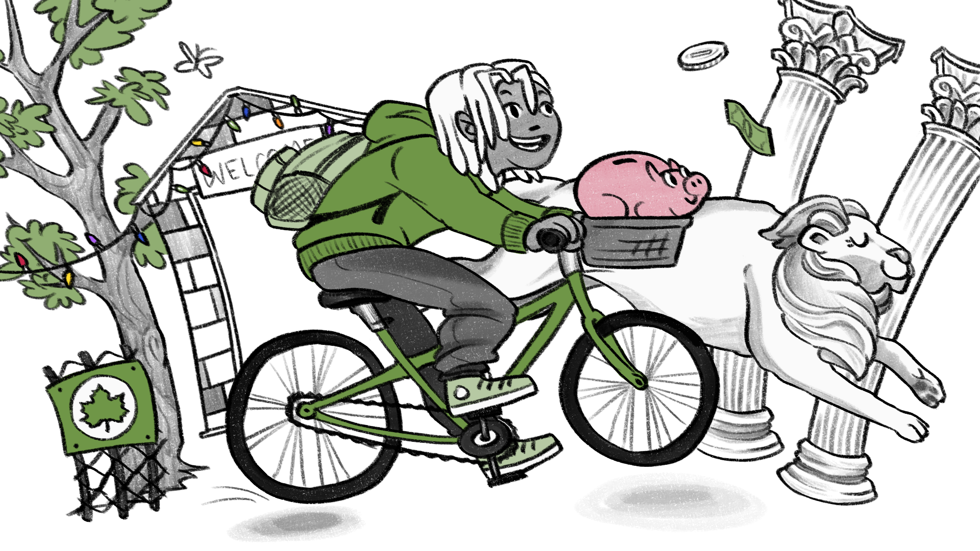 Illustration of a smiling person with light-colored hair riding a green bicycle through a city park. They wear a green hoodie and carry a pink piggy bank in the front basket. The background features trees with string lights, a welcome sign, a trash can with a leaf logo, and large stone columns with a lion sculpture. Floating coins and a dollar bill add a playful touch.