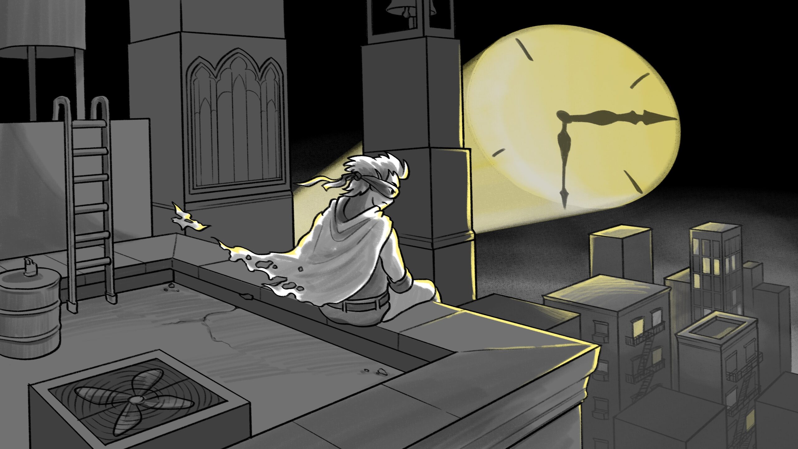 Black, white, and yellow illustration of a city from above; a superhero sits on the edge of a building, looking at an illuminated distress signal with the face of a clock in the sky.