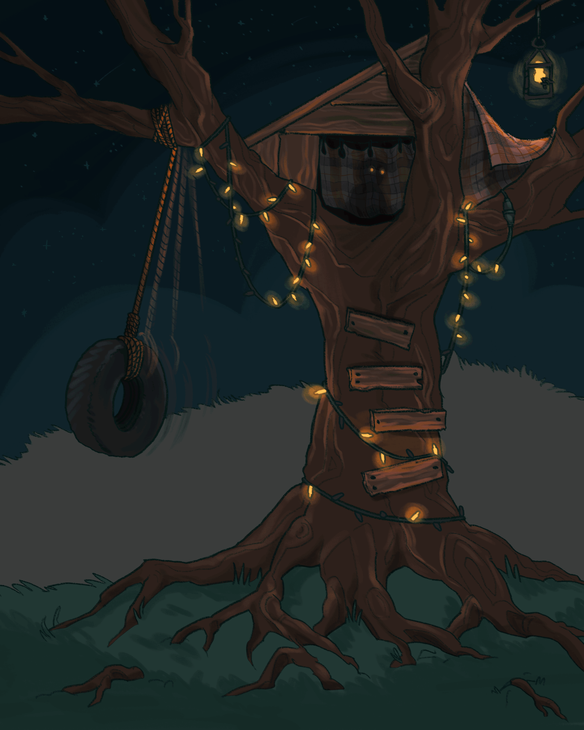 Illustration showing a night scene of a tree house with a tire swing. There is a shadow of a person with glowing eyes in the treehouse.