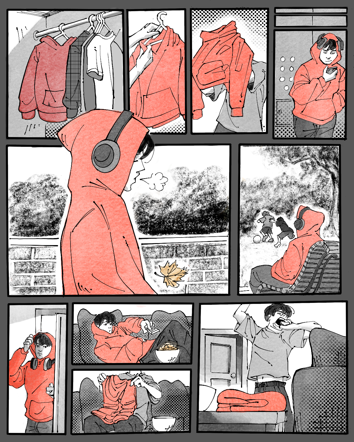 Comic showing a person putting on a red hoodie and going about their day, before returning home and folding the hoodie.