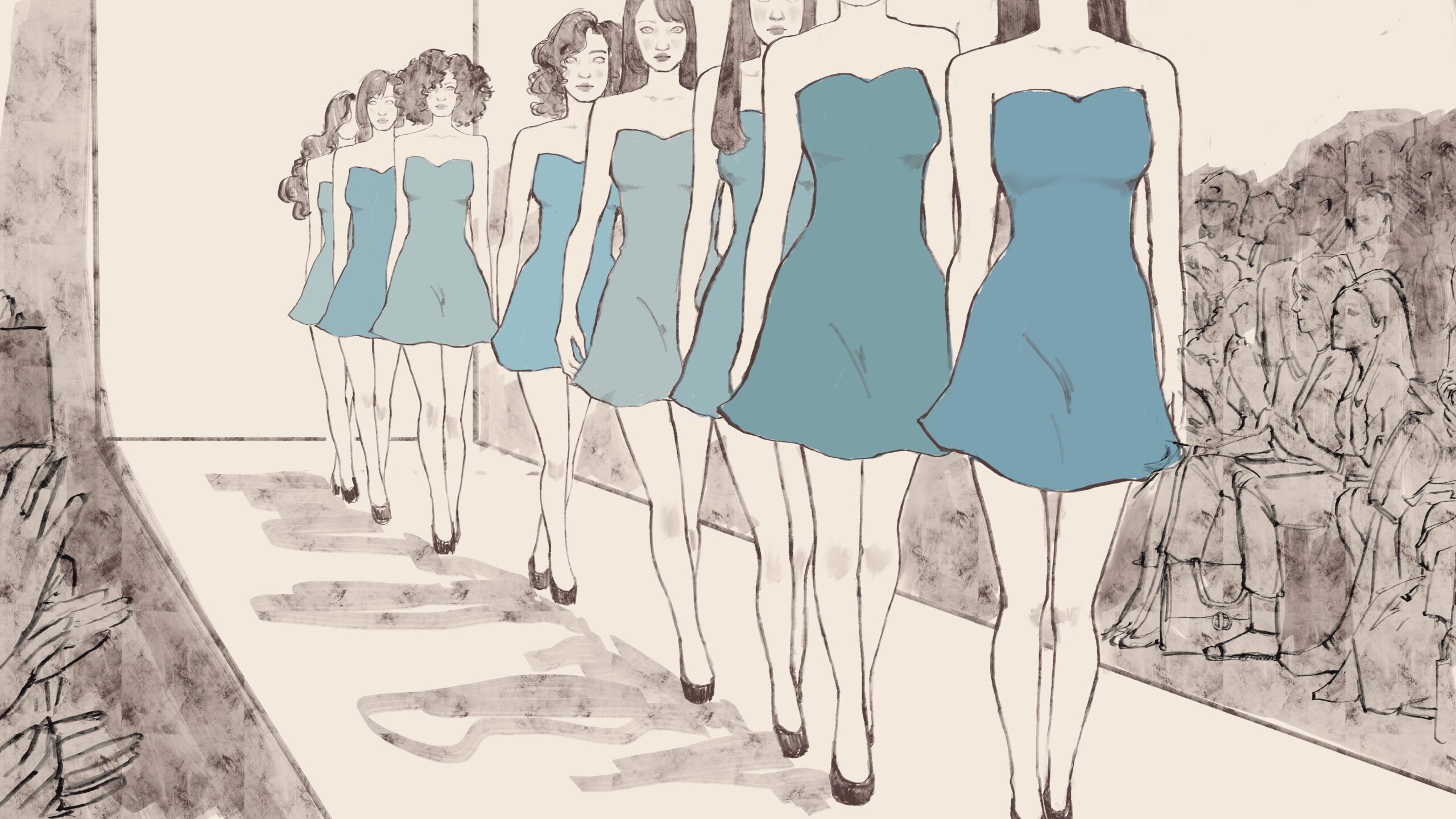Illustration of women wearing the same blue dress walking down a runway.