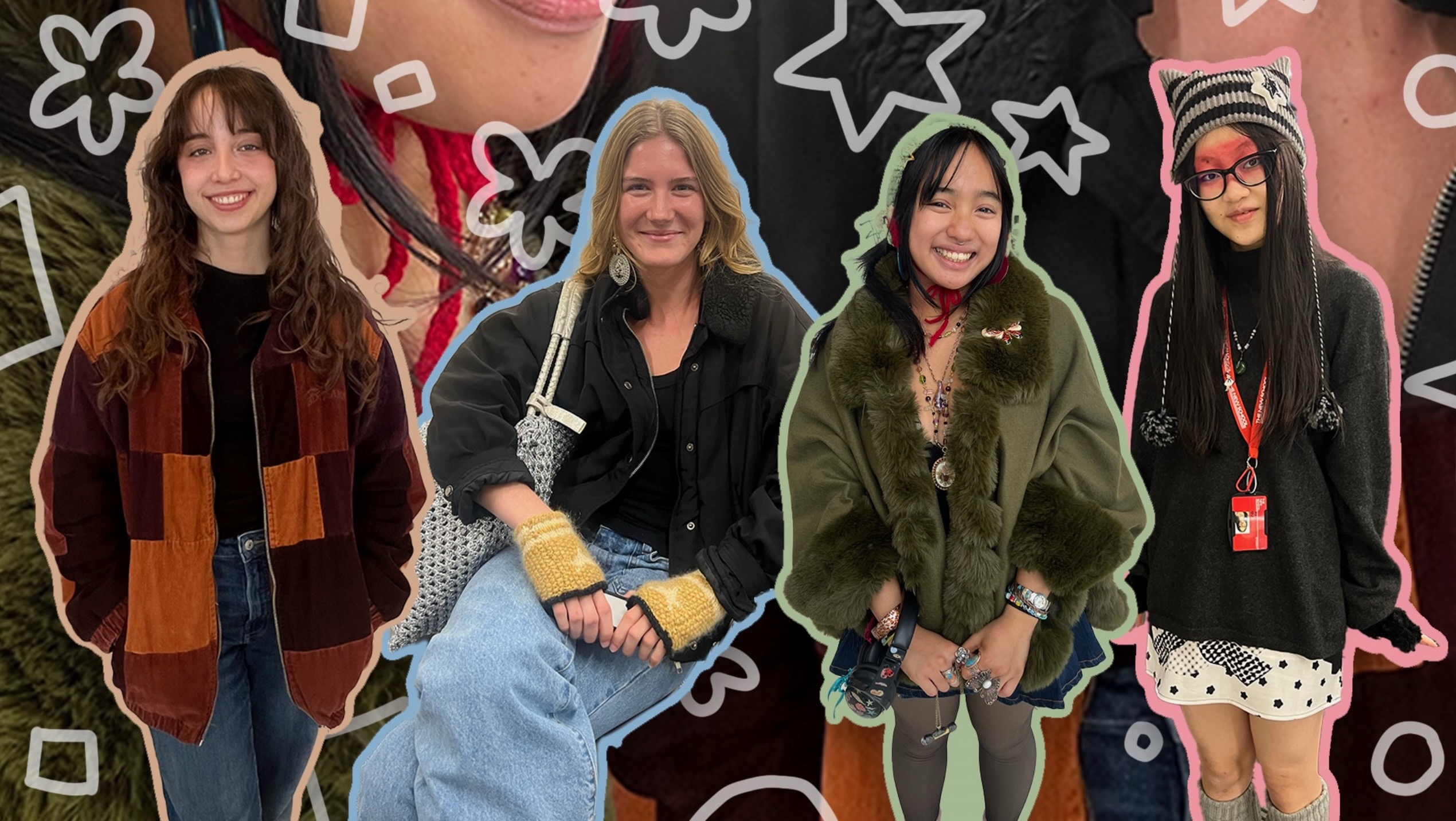 4 people’s pictures are pasted on a background made up of detailed shots of their outfits. The background has white shapes of squares, stars, flowers, and circles.