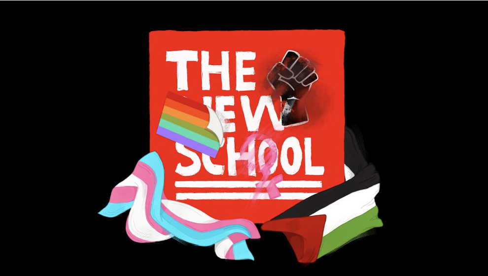 Various symbols of social justice lay on top of the New School logo, with some symbols fading or falling off.