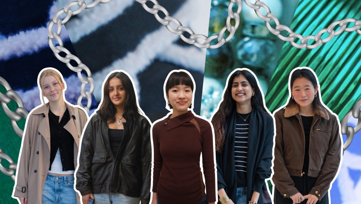 5 girls outlined in white are collaged onto a background of different fabrics and a silver chain.