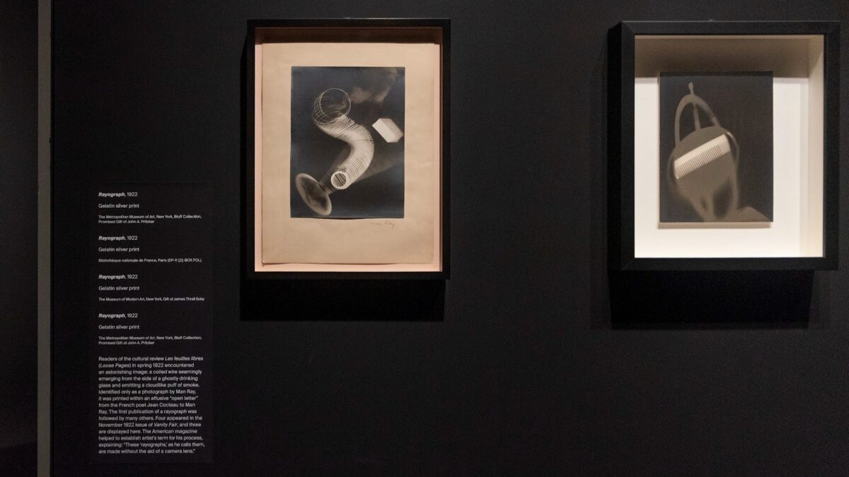 A closeup of Ray’s Rayographs, images of wires and shadows.