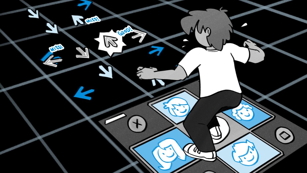 relationships, friendships, DDR, DDR arrows, choice, person making chives through DDR