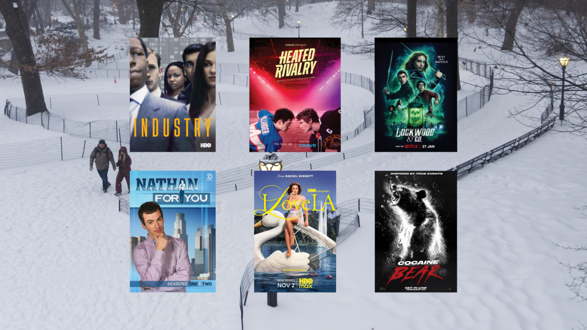 Six film posters lay atop an image of a park covered in snow.