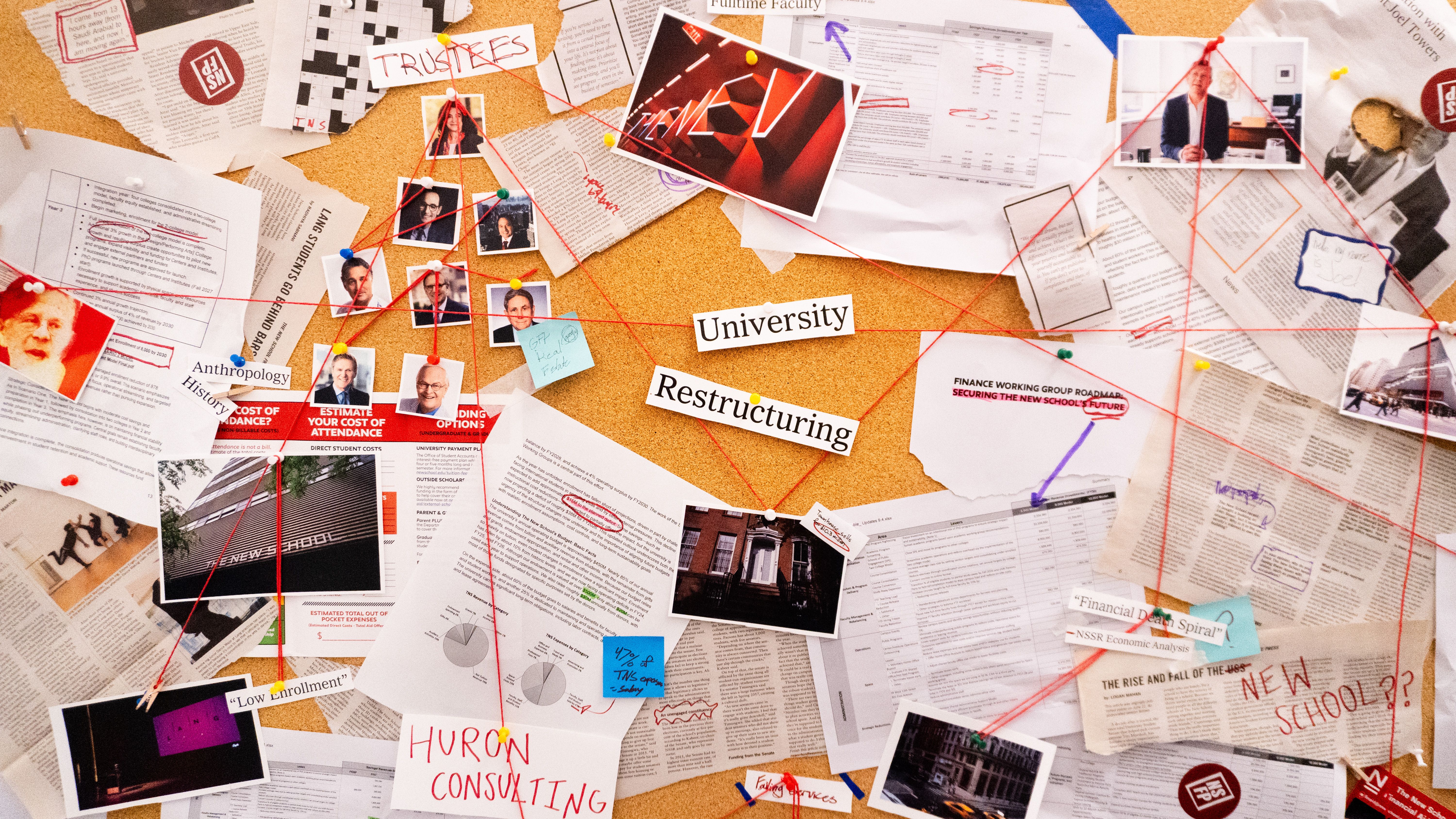 Photos, illustrations, and texts are connected by pins and red string, reading in the center “University Restructuring”