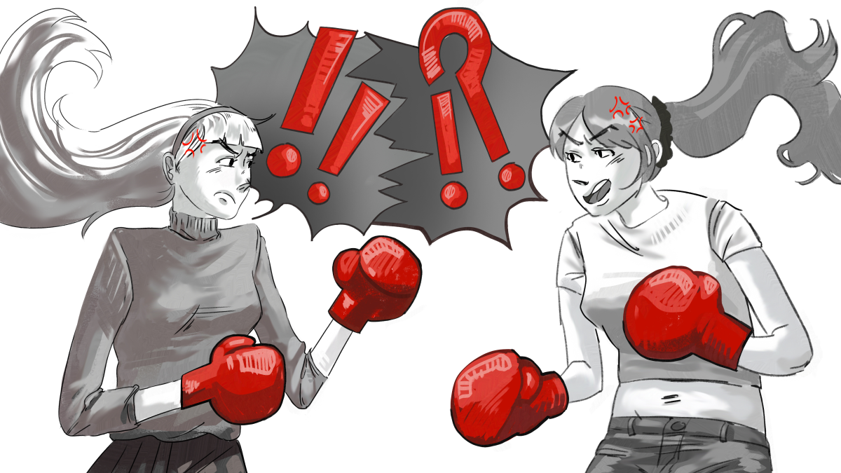 Two roommates with long hair face each other wearing big red boxing gloves. They crouch into a fighting stance, behind them is a gray text bubble with red exclamation marks and question marks on it.