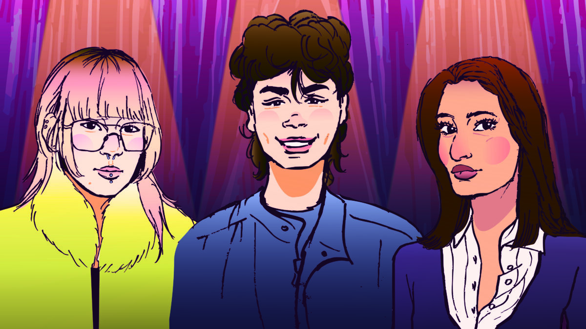 Alt text: Illustration spotlighting three students, Ashlee Calvar, Alex Waterman, and Ella Devi.