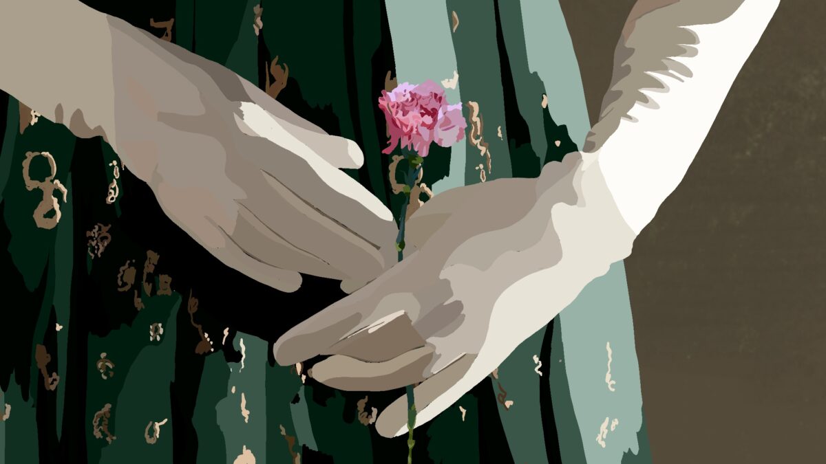 Gloved hands delicately holding a pink flower against a dark-green, Regency style dress.