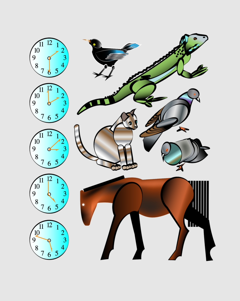 A collection of animals next to a column of clocks showing different times of day.