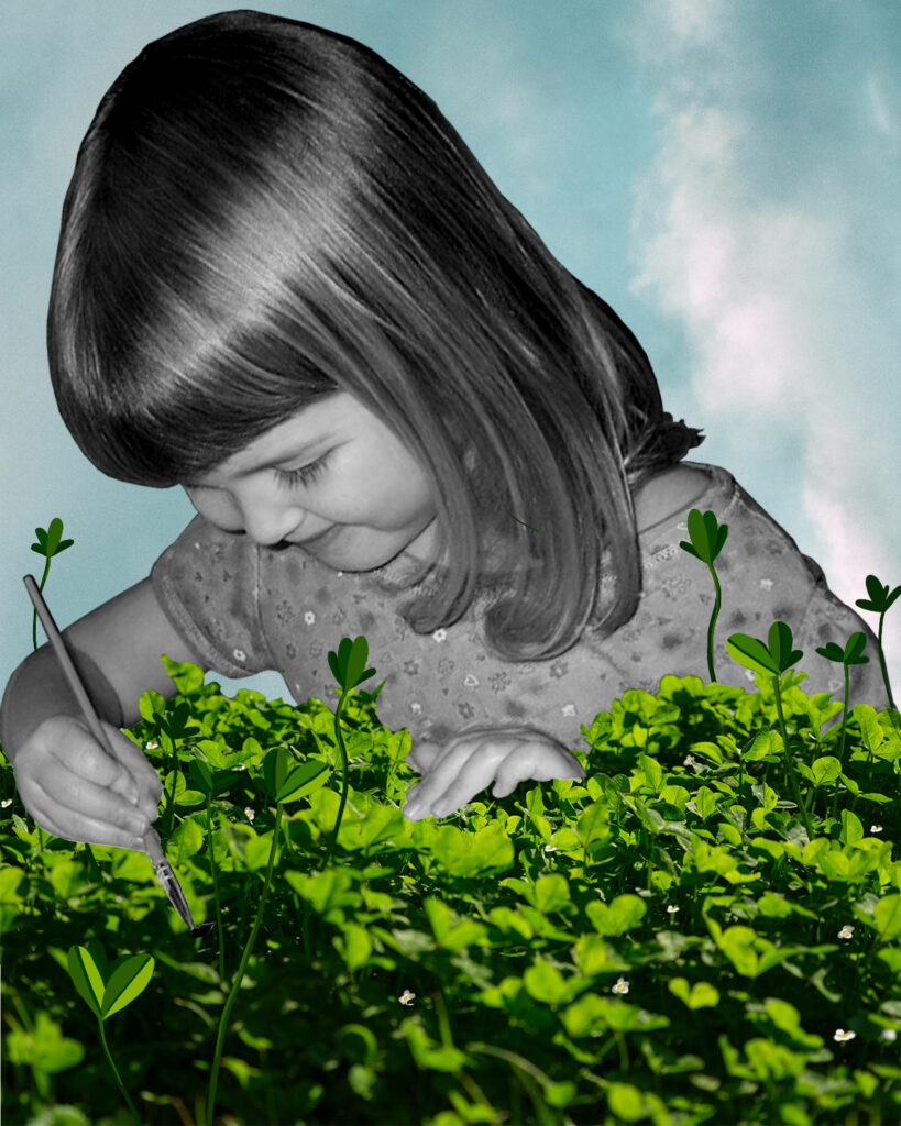 A photocollaged girl plays in the grass.