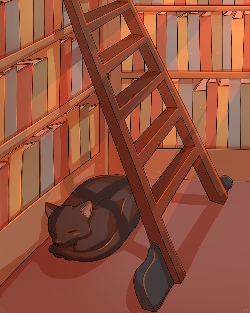 A black cat sleeps under a ladder in a library.