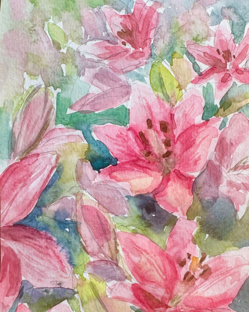 Pink watercolor lilies in bloom.