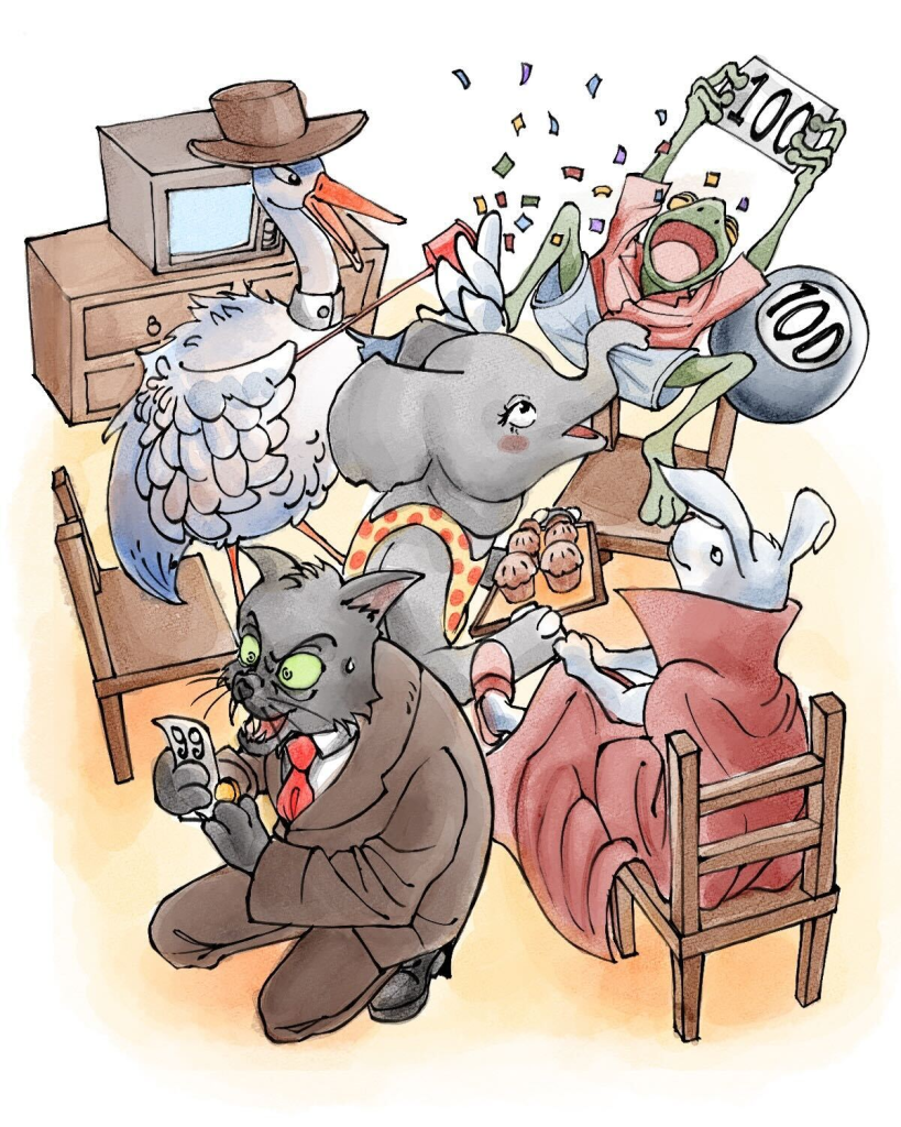 Anthropomorphic animals sit together in a circle and consider the lottery numbers. A frog celebrates winning while a cat is haunted by his loss.