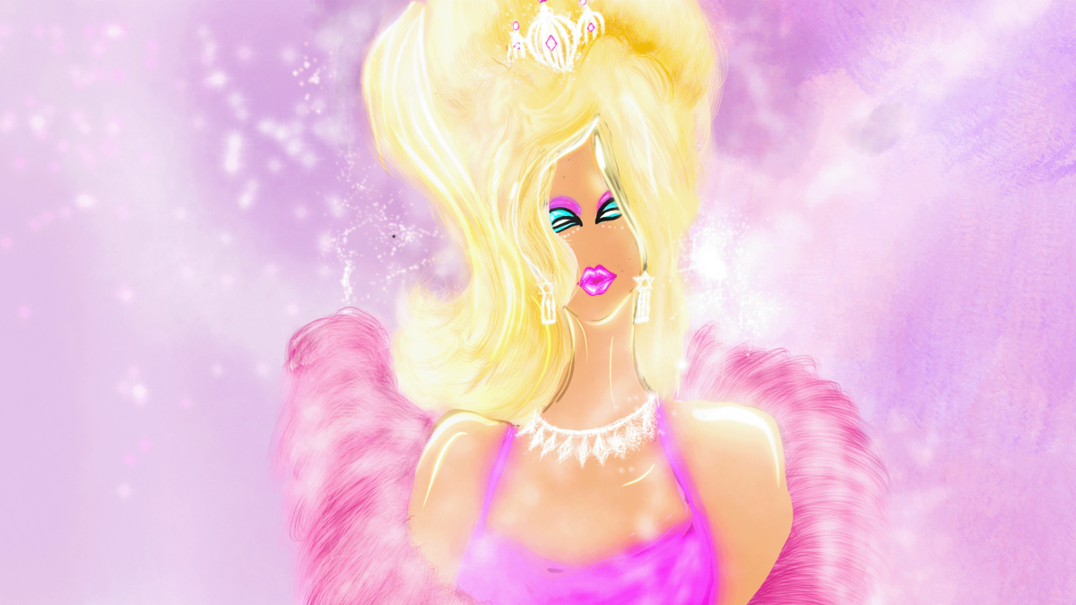Alt text: A mannequin decorated to look like a drag queen with blonde hair and pink furs in front of a wall of pink and purple light.
