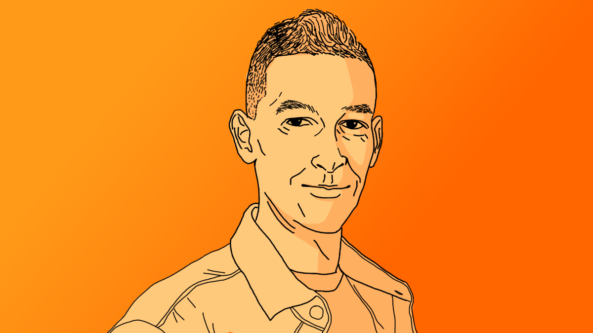 Line illustration of Heury Gomez with an orange background.