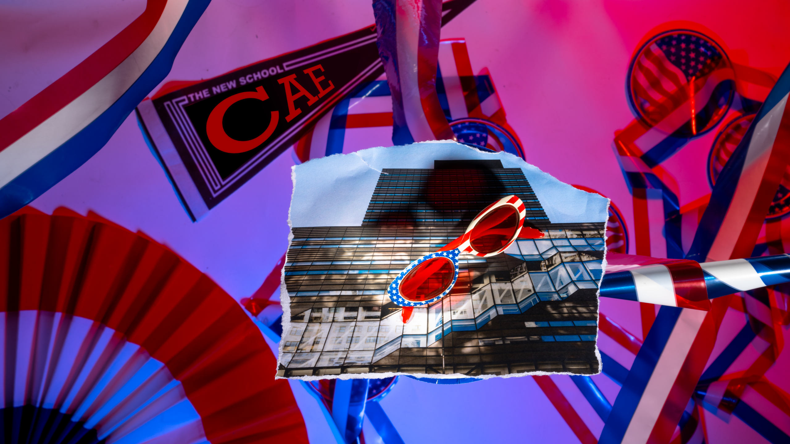 Photo illustration featuring American flag sunglasses, American flag plates, The New School’s university center, red, white, and blue streamers, and a pennant that says “The New School CAE.”
