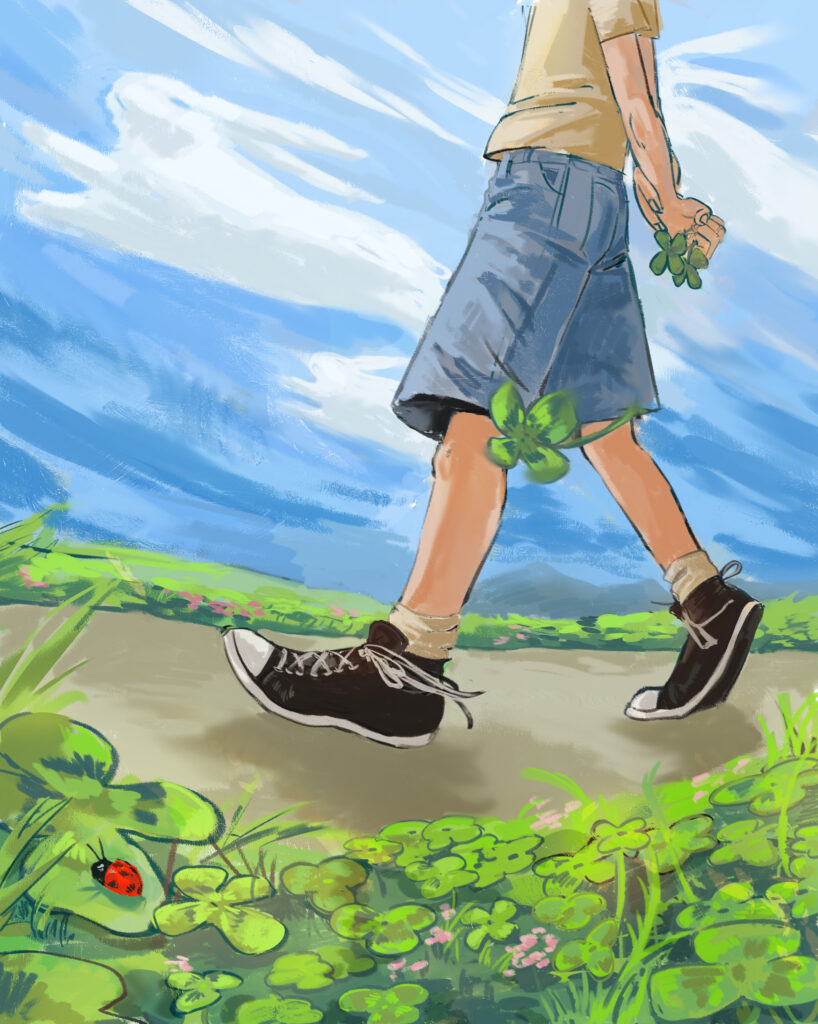 A person walks on a path surrounded by clovers.