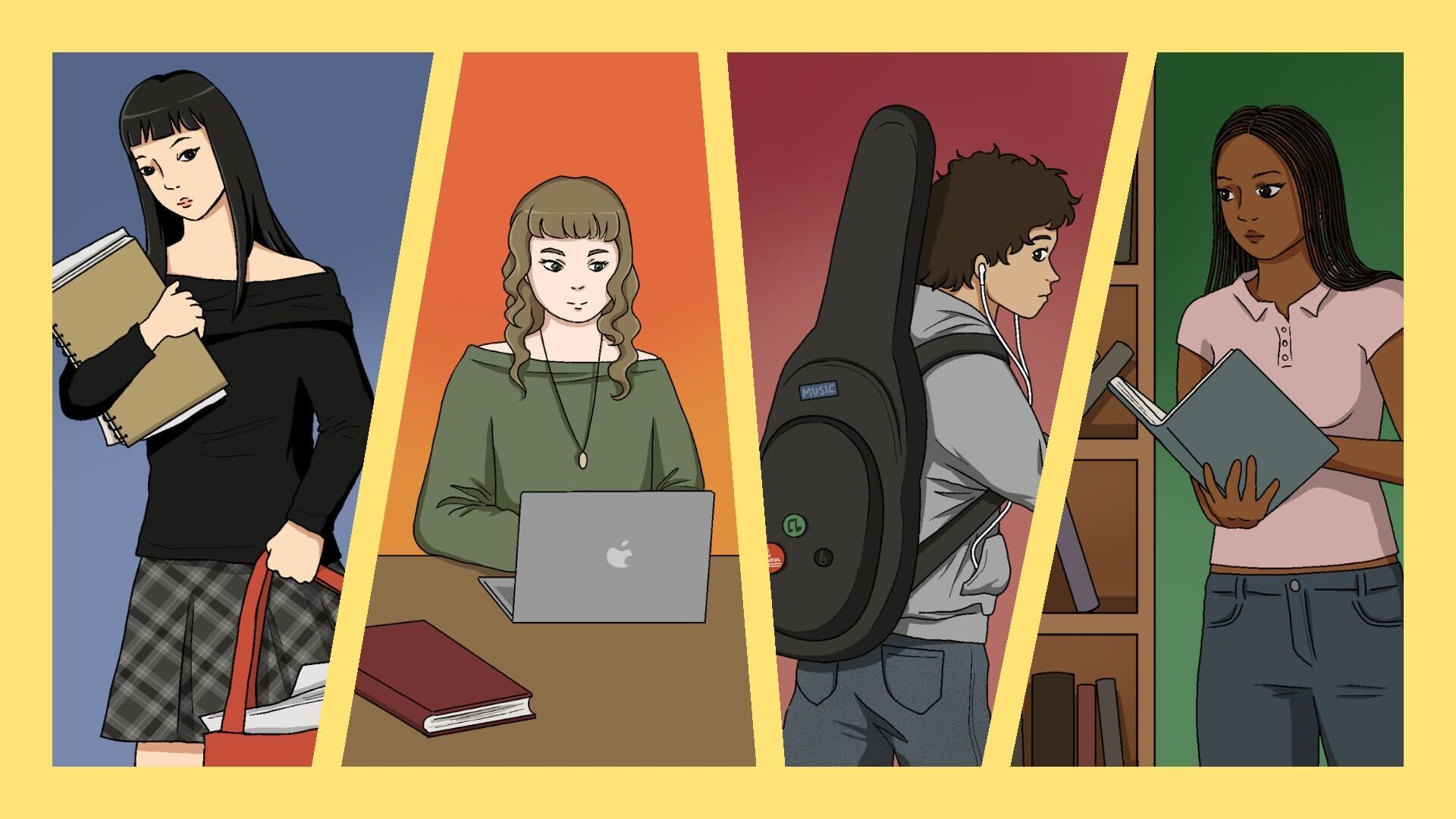 Illustrated collage of 4 students. The first is carrying books, the second is working on a laptop, the third is wearing a guitar bag, and the fourth is reading in a library.