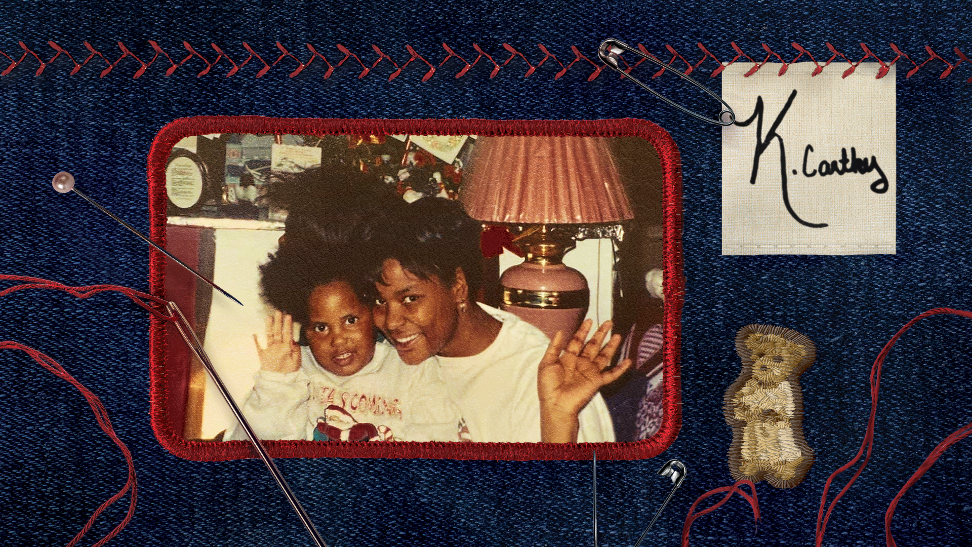 A photo of Kenya McCarthy and her mom overlaid onto a patch surrounded by sewing needles, red thread, a small bear patch, safety pins and a white square that says, “K. Carthy.”