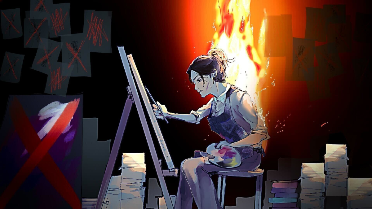A student leans over an easel with a palette in hand, grimacing as a flame burns the back of her shirt.